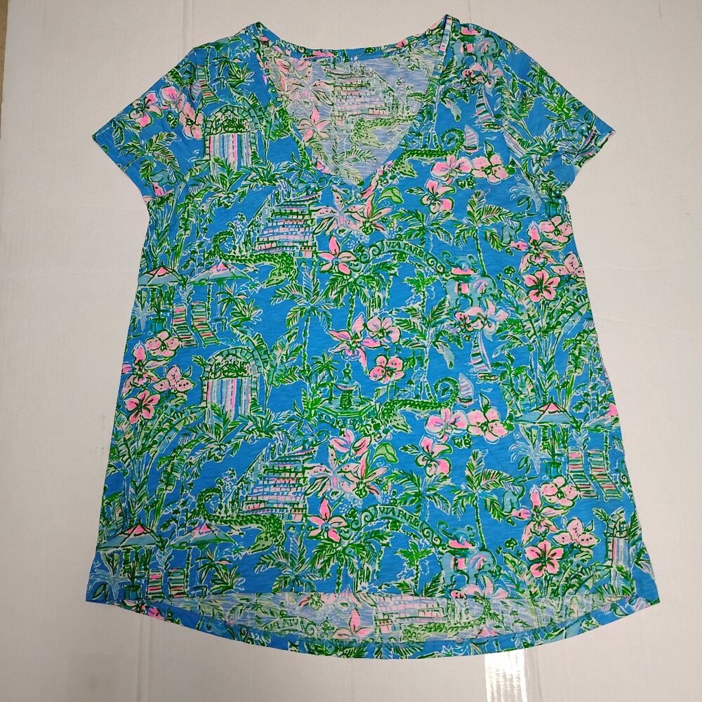 ❤️LILLY PULITZER Alligator Floral Theme Loose Fit Tee Top Size Medium 38 Bust